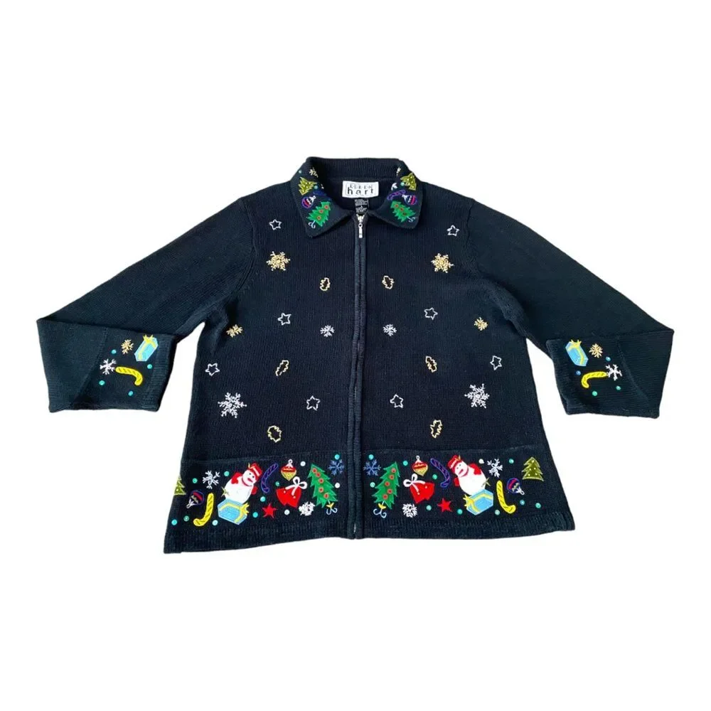 Keren Hart Vintage Embroidered‎ Christmas Zip Up Black Cardigan, Size Large